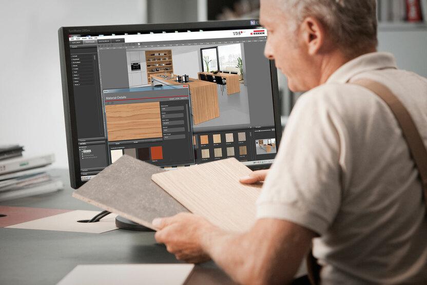 Abwägen von Holzmaterialien und Farben durch Tischler während einer 3D Küchenplanung