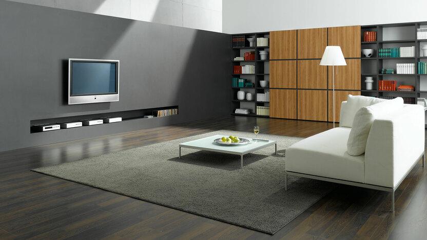 Offene Wohnraumimpression mit grauer TV-Trennwand zur Treppe und Einbauregal aus Holz und weißem Sofa